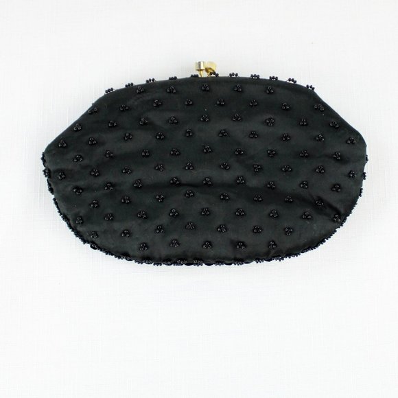 Vintage Black Beaded Purse Kiss Clasp Pouch Purse Frame Serpent Chain Gold PU30 - Picture 8 of 11